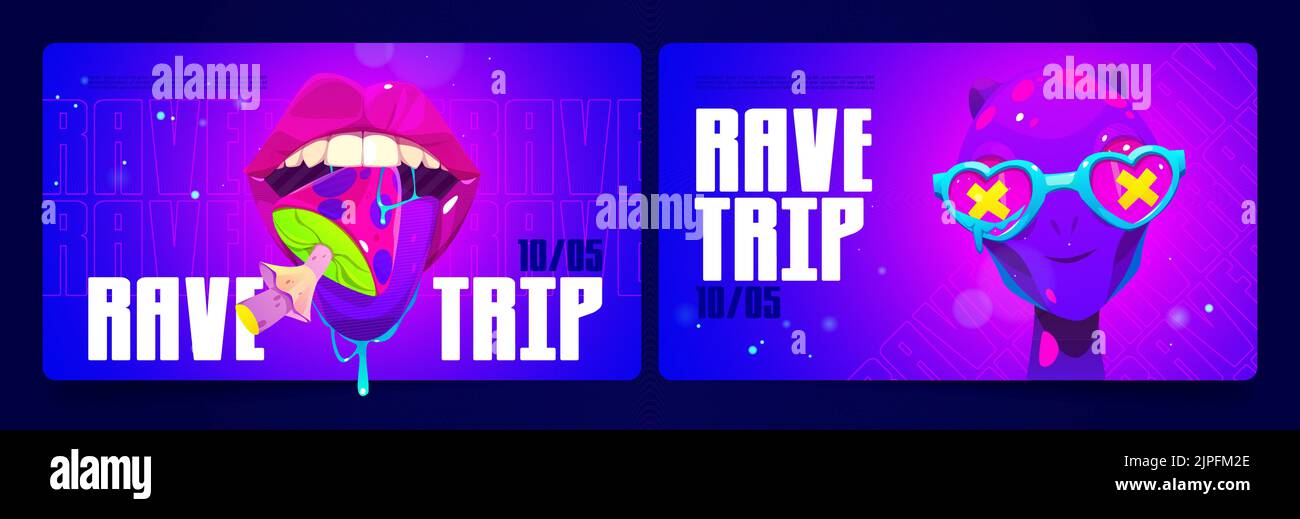 Rave trip banners with psychedelic illustrations of alien and mouth ...