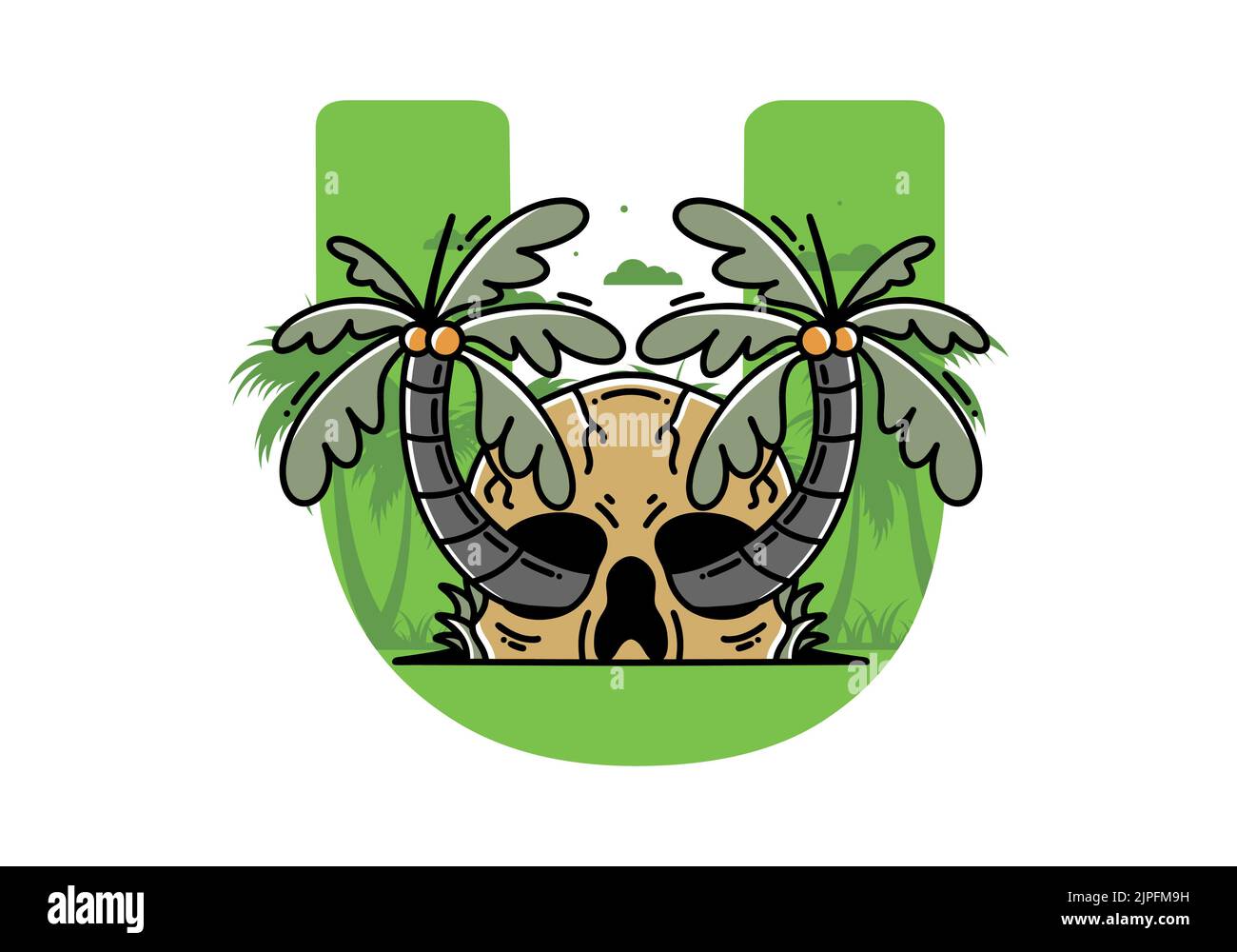 illustration badge design of two coconut trees growing on a skull Stock