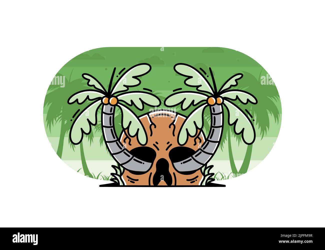 illustration badge design of two coconut trees growing on a skull Stock