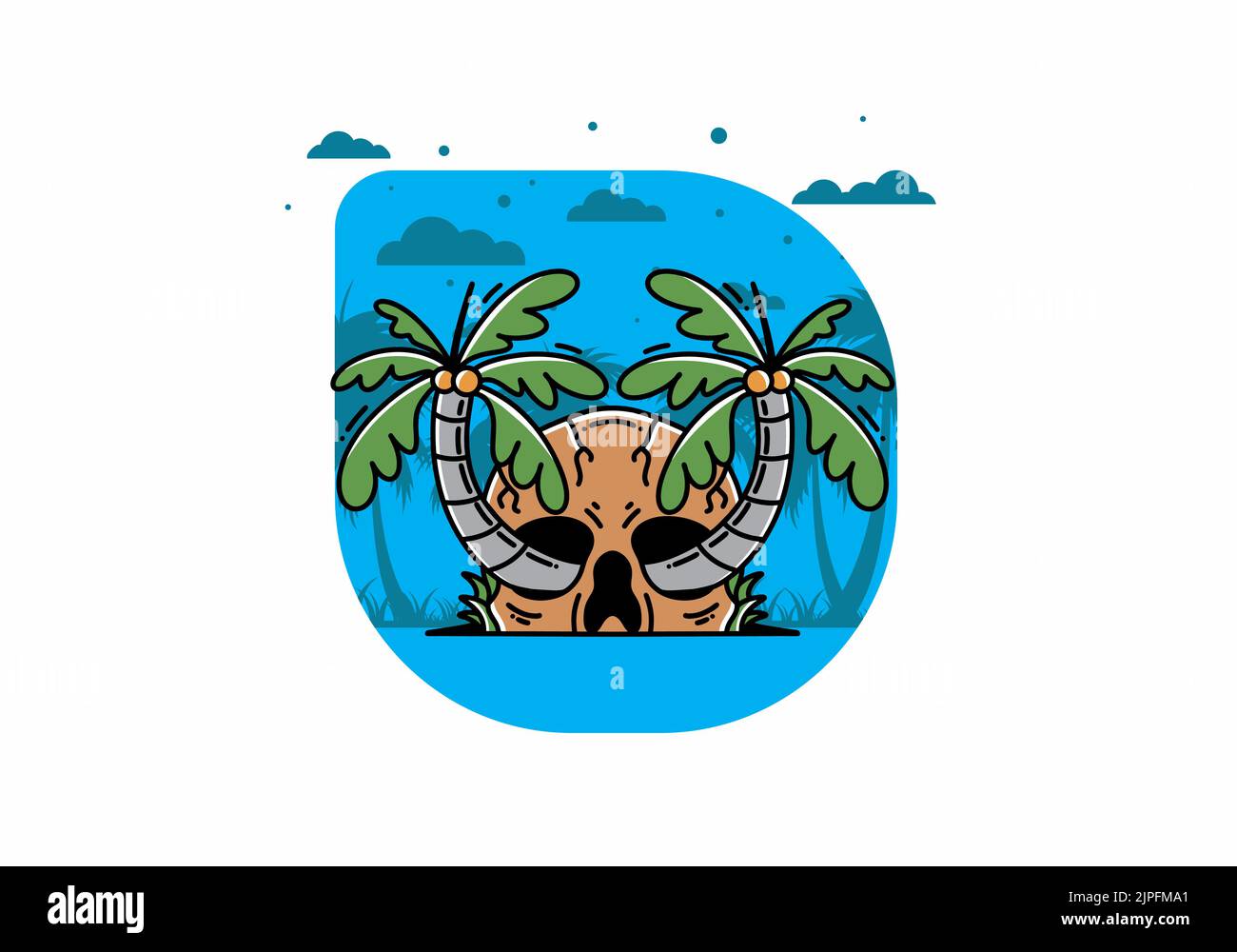 illustration badge design of two coconut trees growing on a skull Stock