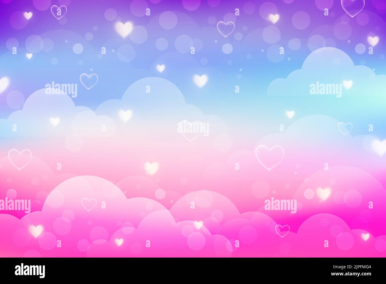 Rainbow unicorn background with clouds stars and hearts. Pastel color sky. Magical landscape, abstract fabulous pattern. Cute candy wallpaper. Vector. Stock Vector