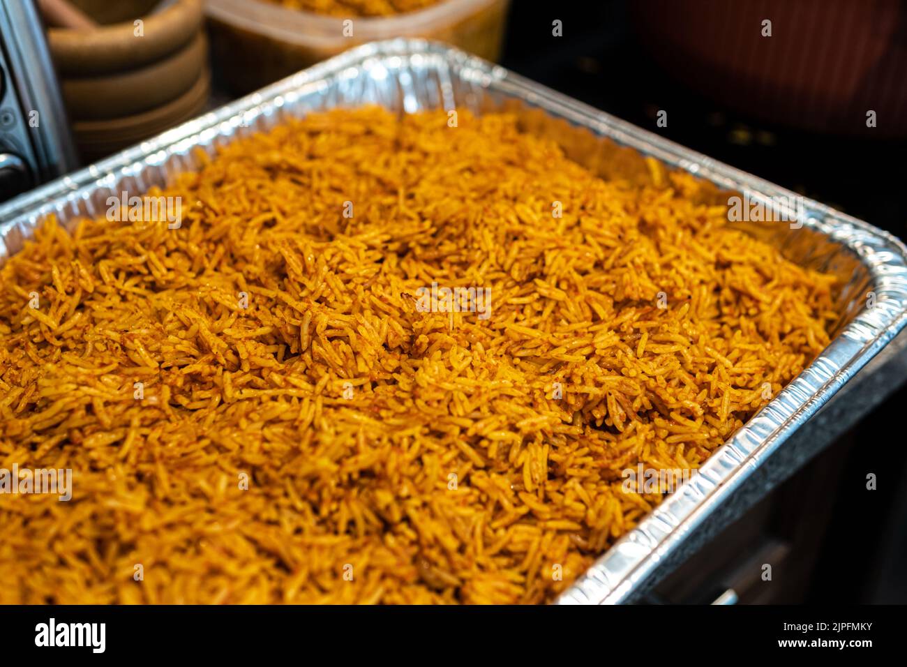 Tray of spicy Nigerian jollof rice ready to serve Stock Photo Alamy