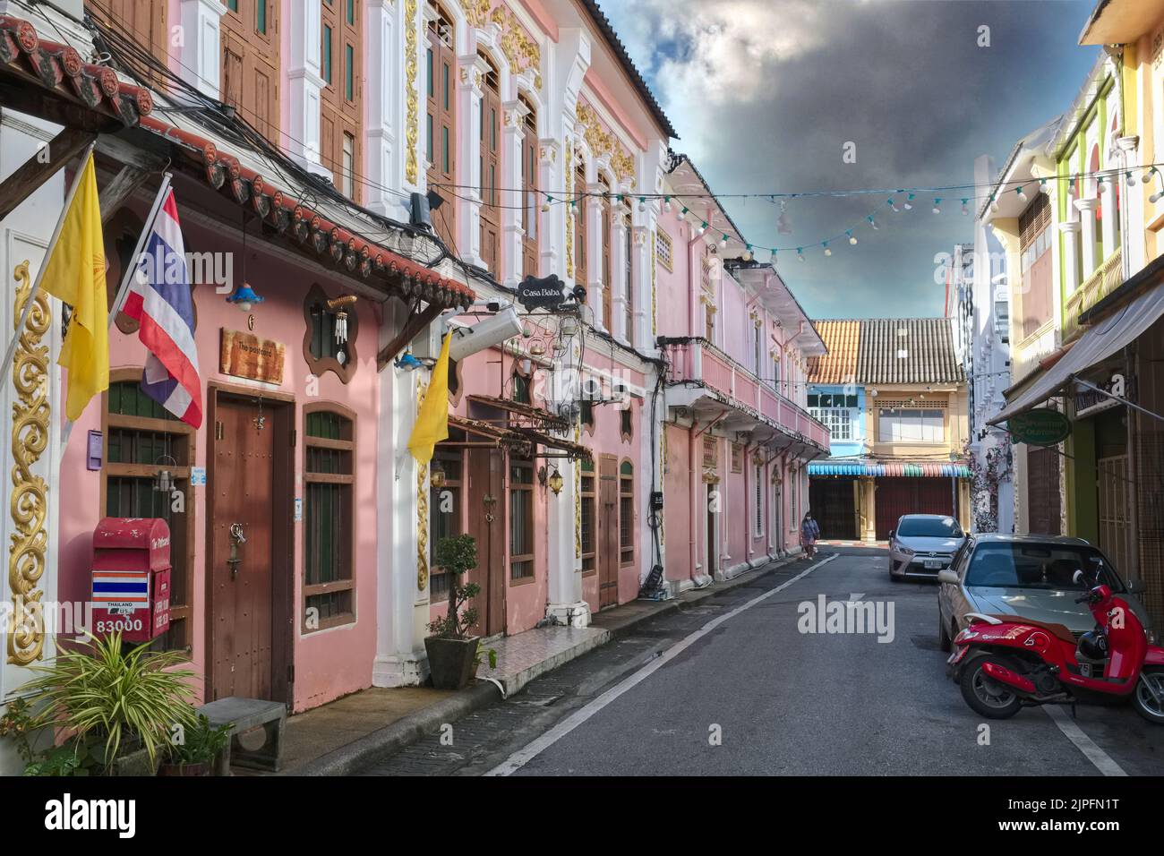 Sino-Portuguese (Peranakan) shophouses in Soi Rommanee (Romanni / Romanee / Rommani) in the Old Town (Chinatown) area of Phuket Town, Thailand Stock Photo