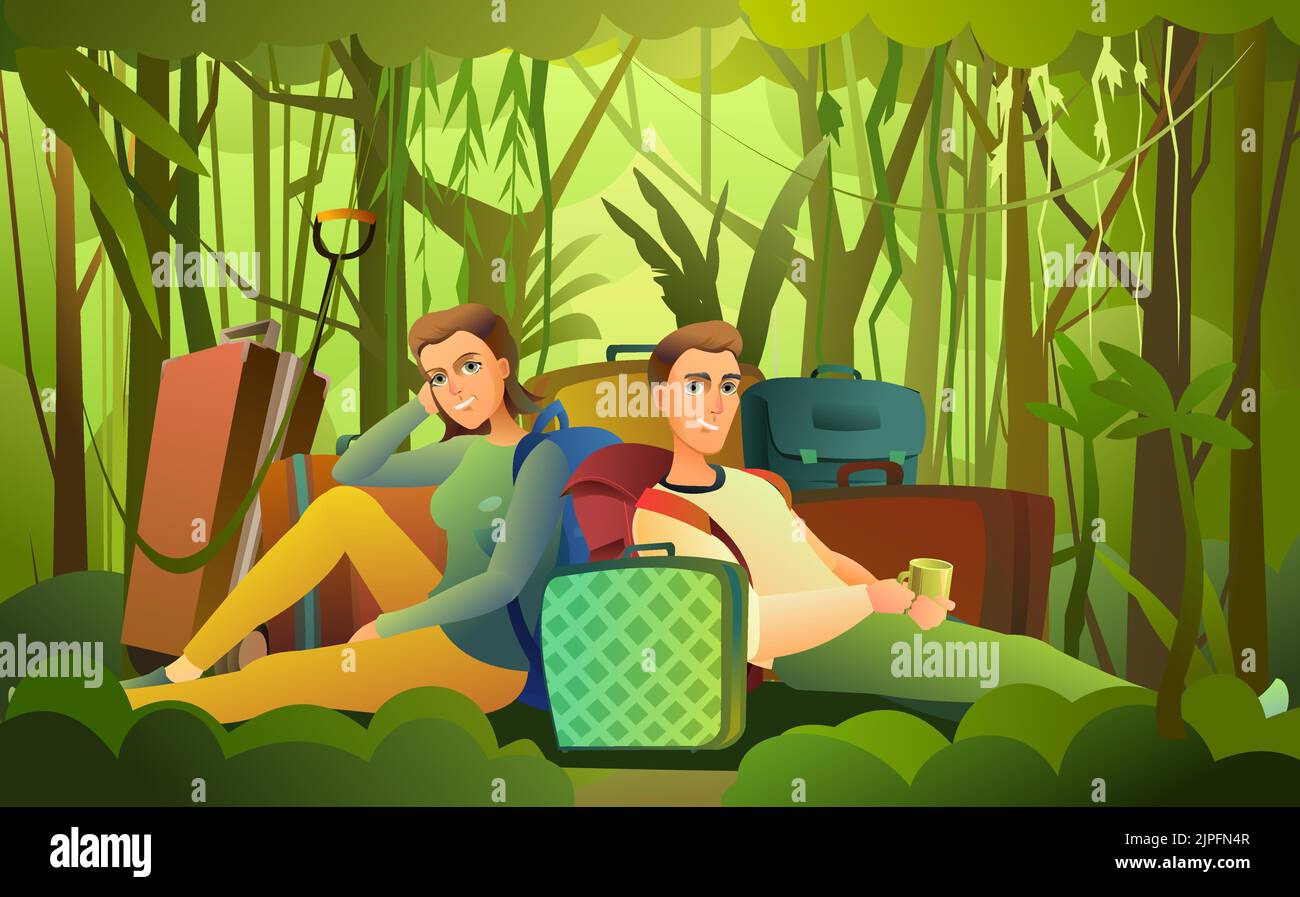 Tourists with backpacks and suitcases. Boy and girl or husband and wife. Halt in dense forest jungle. Family travel. Sit and wait happily. Fun person Stock Vector