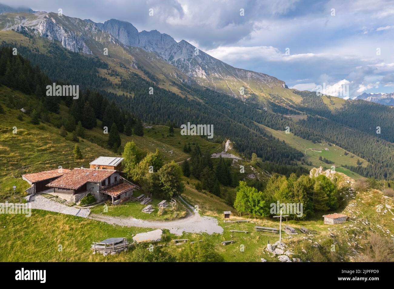 Baita Cornetto and the new bivouac, under the Presolana mountain, Castione della Presolana, Val Seriana, Bergamo district, Lombardy, Italy. Stock Photo