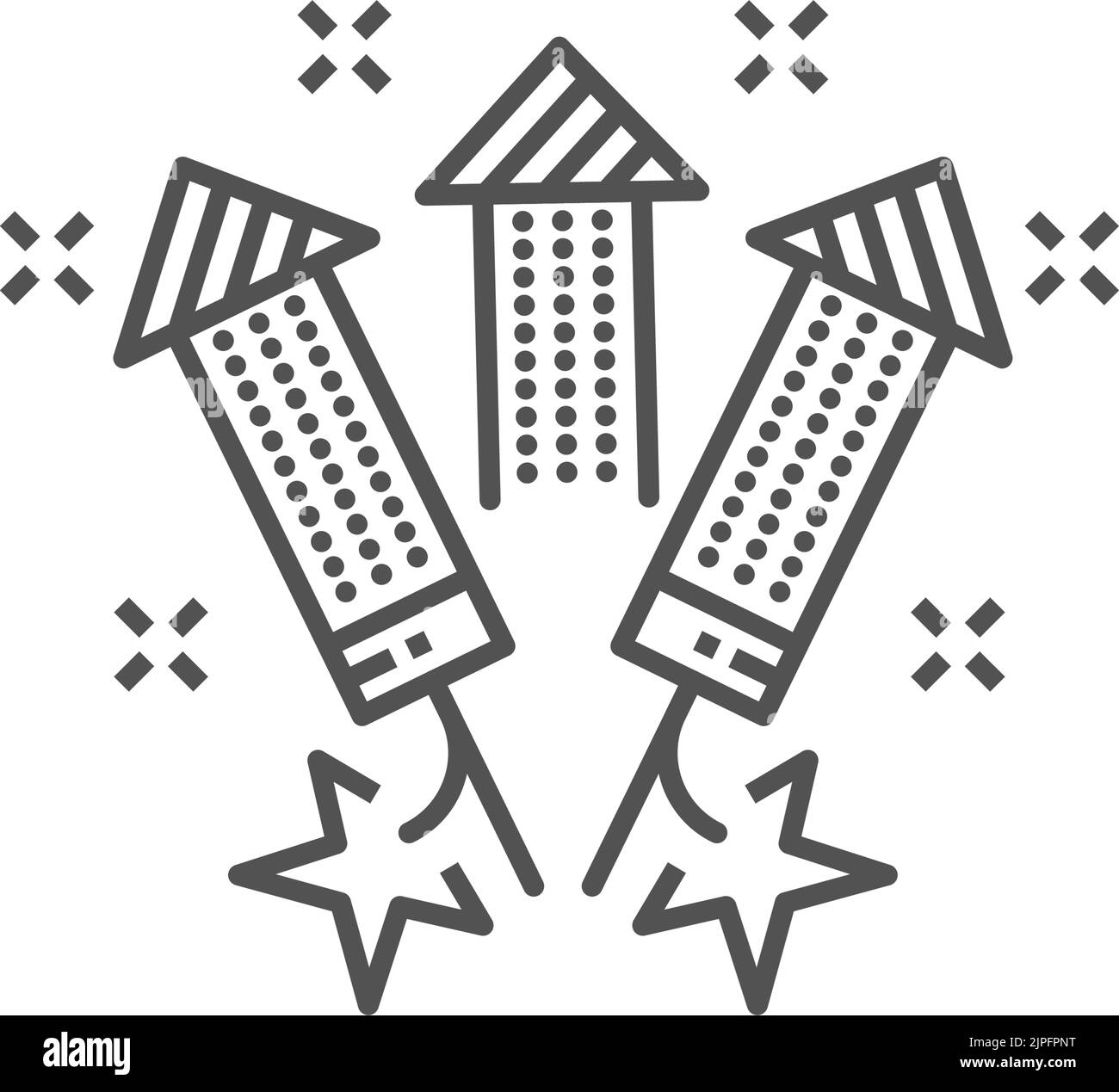 Rocket firecrackers isolated New Year and Christmas fireworks monochrome line art icon. Vector explosion crackers, Chinese festival celebration objects. Pyrotechnics, party petards, birthday crackers Stock Vector