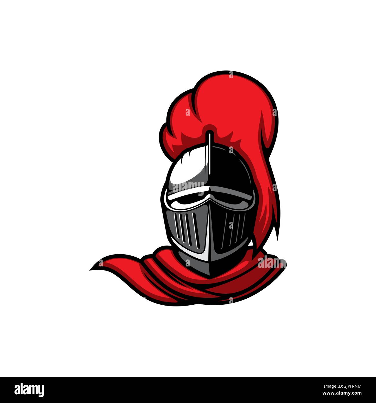 Knight head in helmet vector icon. Heraldic mascot of royal paladin with closed visor and red plumage, ancient soldier. Medieval warrior or guard in armour and cape front view, heraldry cartoon symbol Stock Vector