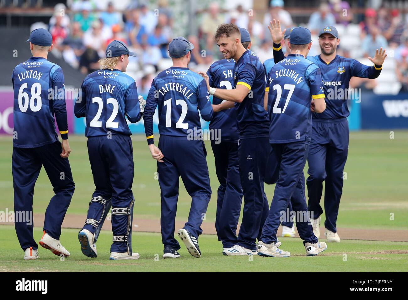 Josh Rymel Yorkshire players celebrate the run out of Josh Rymell during Essex ...