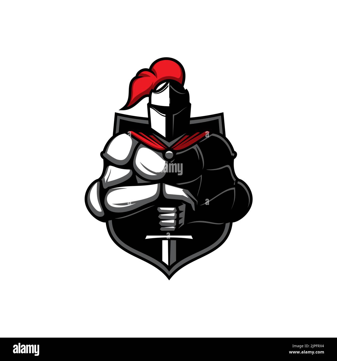 Knight with sword and shield vector icon. Medieval mascot of warrior, soldier or guard with blade in armour and cape. Heraldry symbol of royal paladin in helmet with red plumage, heraldic crusader Stock Vector