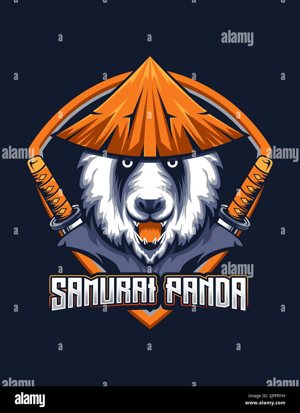 Samurai Panda mascot with straw hat and sword for e-sport gaming logo