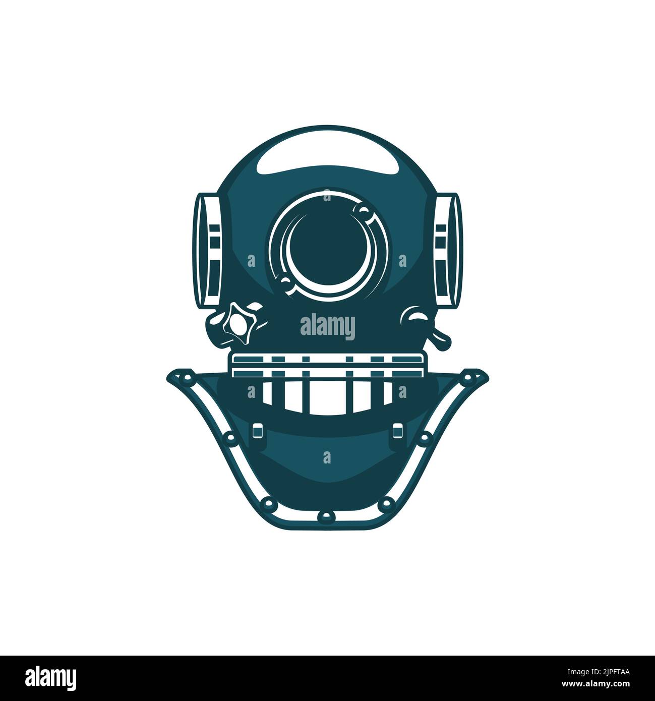Retro diving old mask isolated icon. Vector old-fashion equipment to dive in. Copper and brass three bolt Soviet helmet. Standard free flow lightweight helmet, head protection to underwater divers Stock Vector