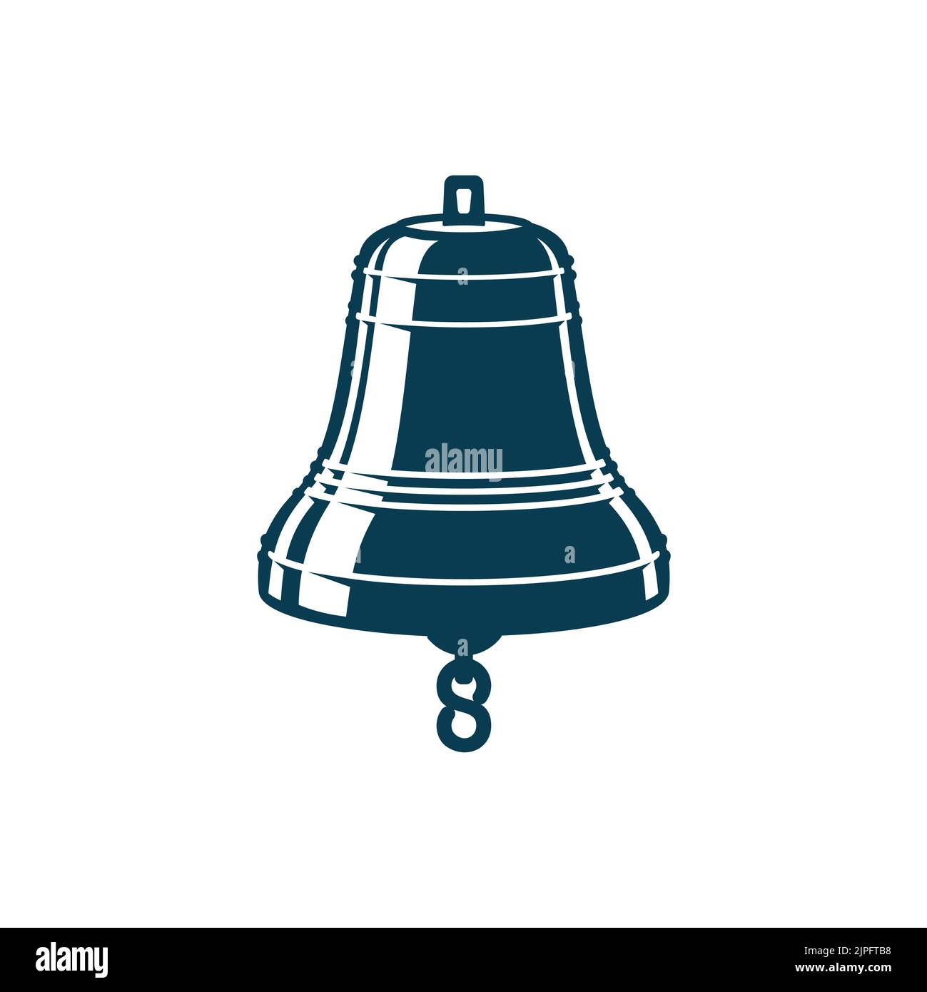 Retro brass ship bell with metal chain isolated monochrome icon. Vector safety equipment in foggy conditions, antique brass or copper, bronze bell. Device, indicating time on vessel, hand drawn Stock Vector
