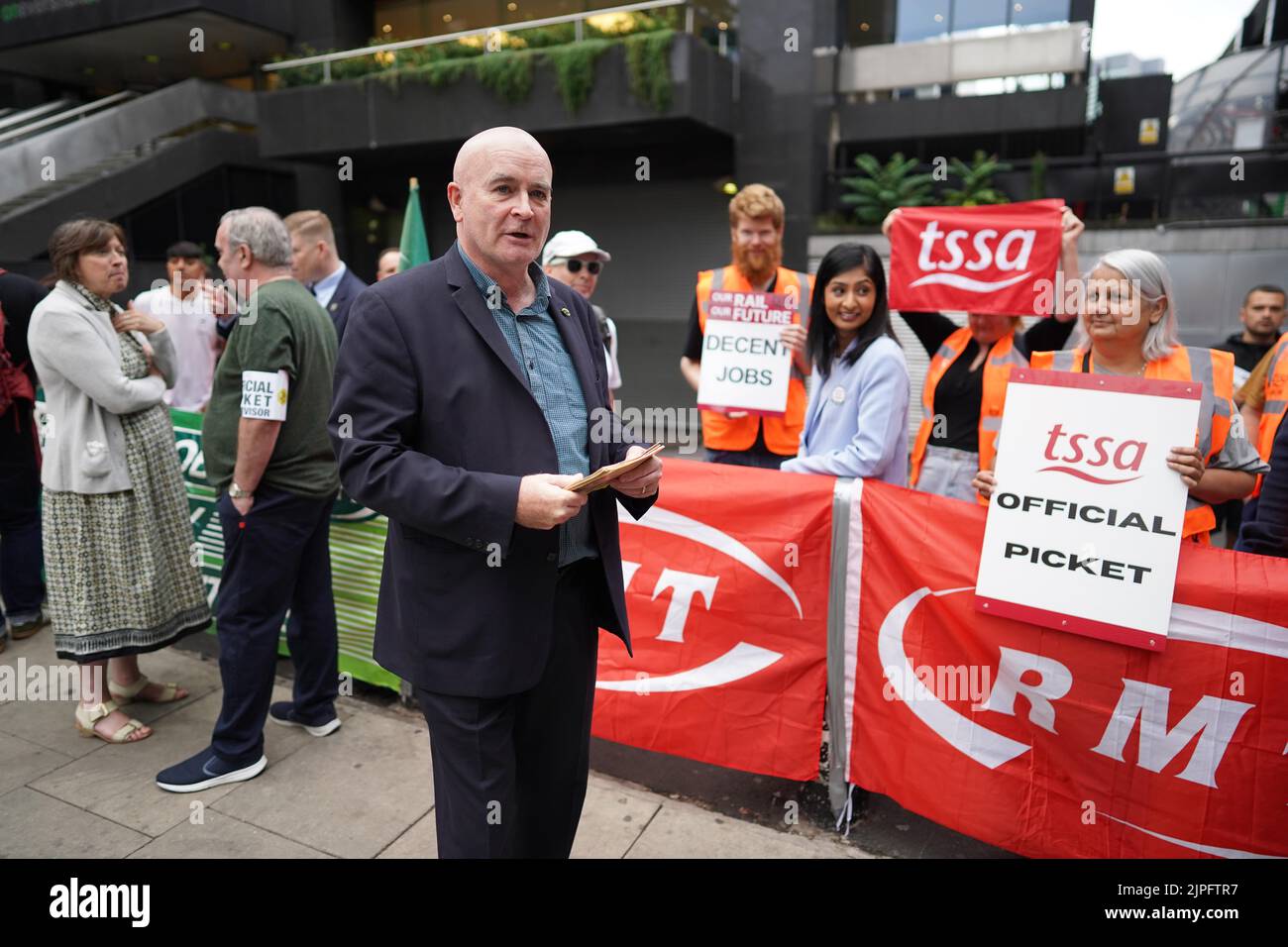 Mick Lynch, general secretary of the Rail, Maritime and Transport union (RMT) on the picket line