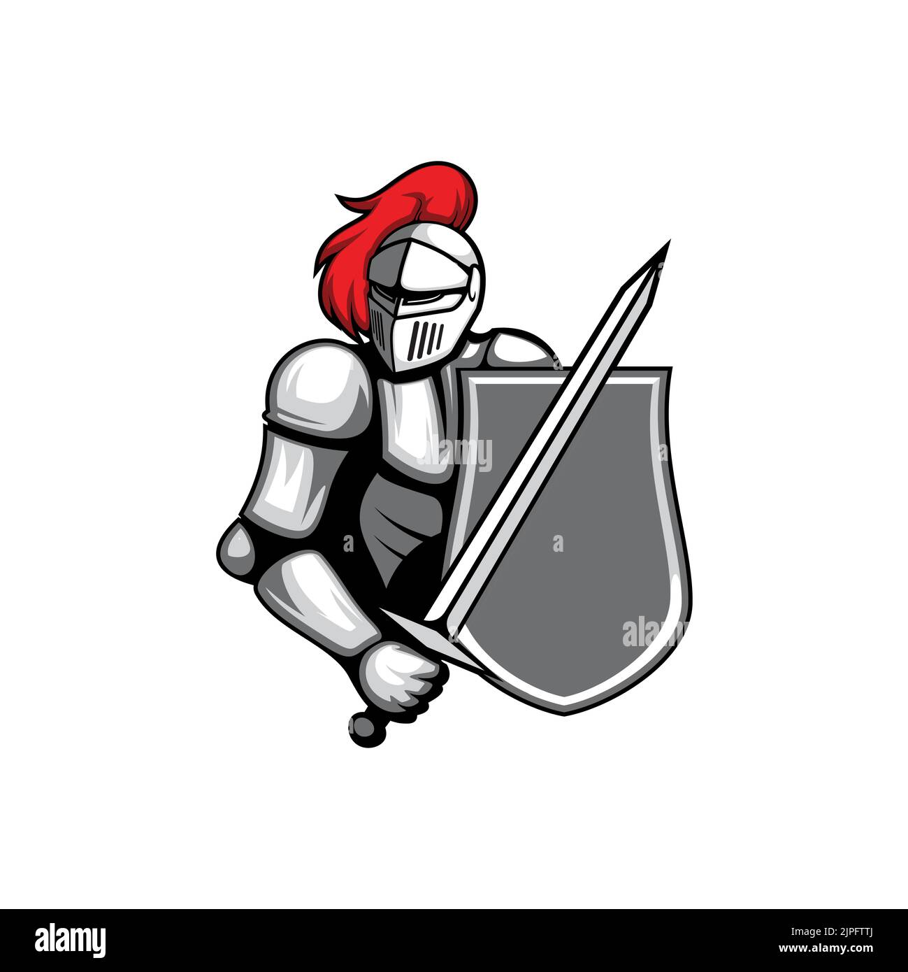 Knight in armour metal protection, warrior with sword, shield, helmet