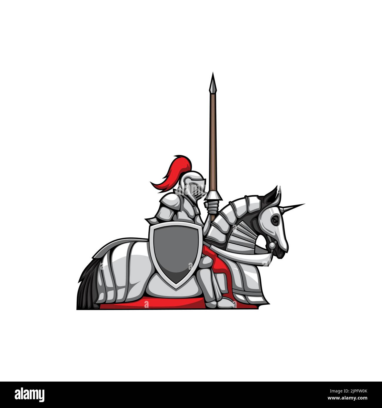 Military medieval knight in metal protection suit, helmet with red feathers, breastplate, sitting on horse isolated retro guard fighter. Vector antique crusader, italian soldier cartoon icon Stock Vector