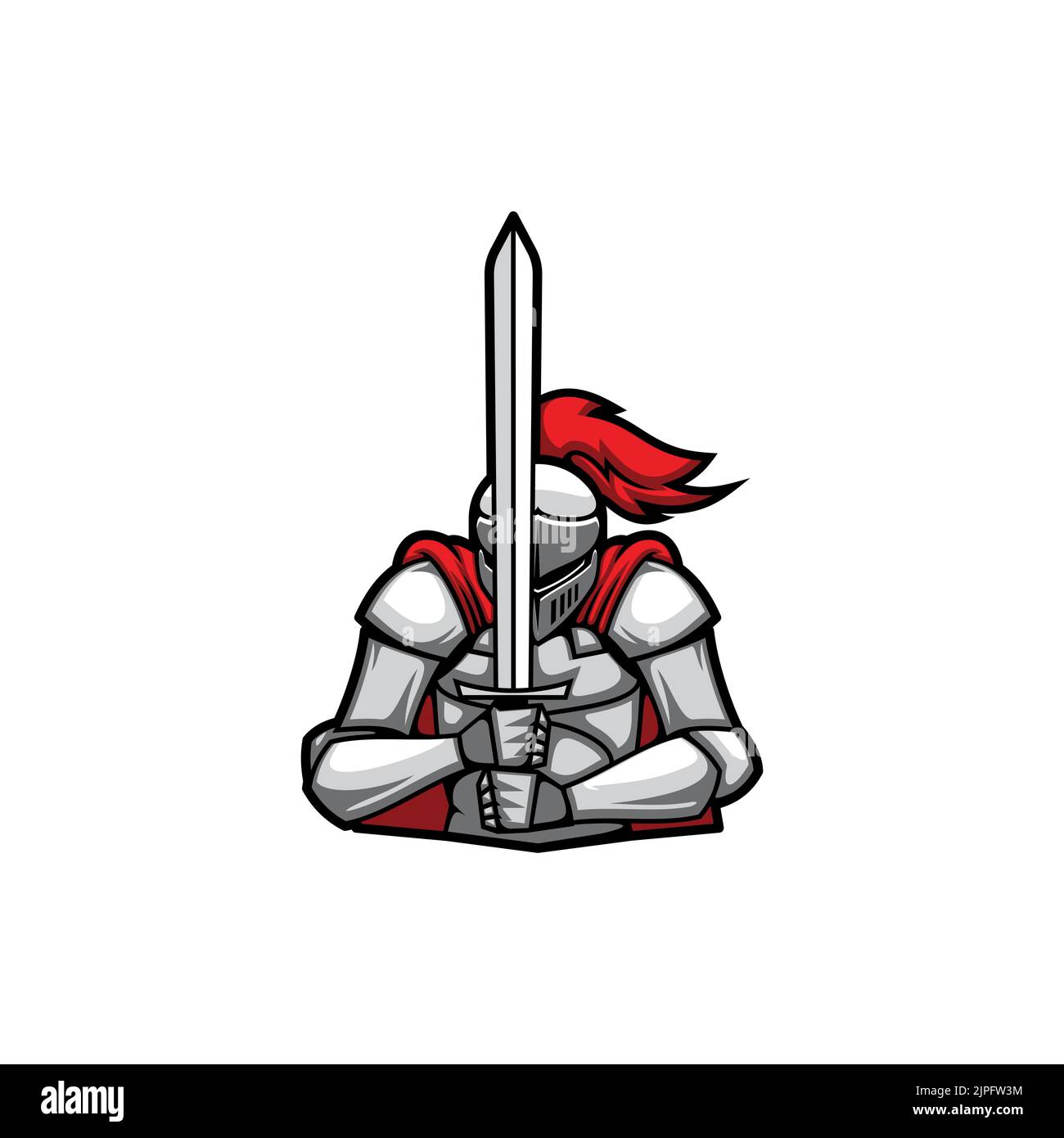 Templar in fight battle costume of italian armor, fighting sport club mascot, crusader guard isolated flat cartoon. Vector retro hero, medieval knight with sword, soldier in red cloak and feathers Stock Vector