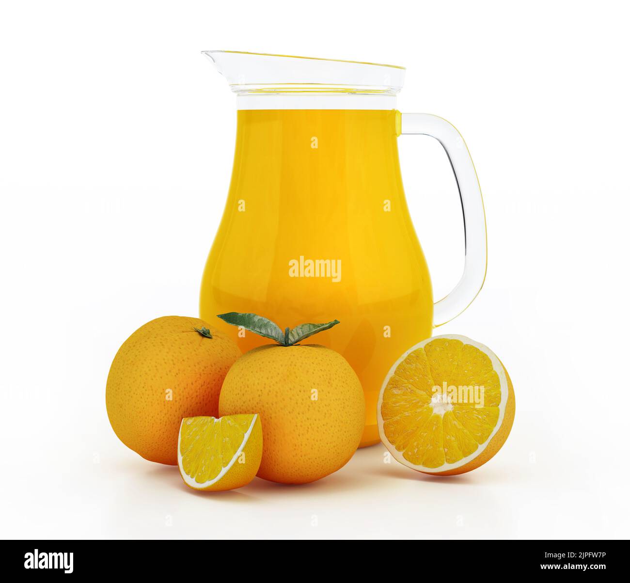 Orange juice jug and half cut oranges isolated on white background. 3D