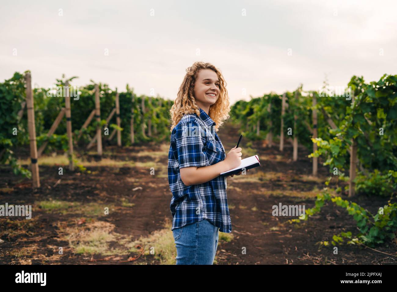 Smiling curly woman examines the vineyard and recording data in the notebook. Farmer field. Data analysis. Stock Photo