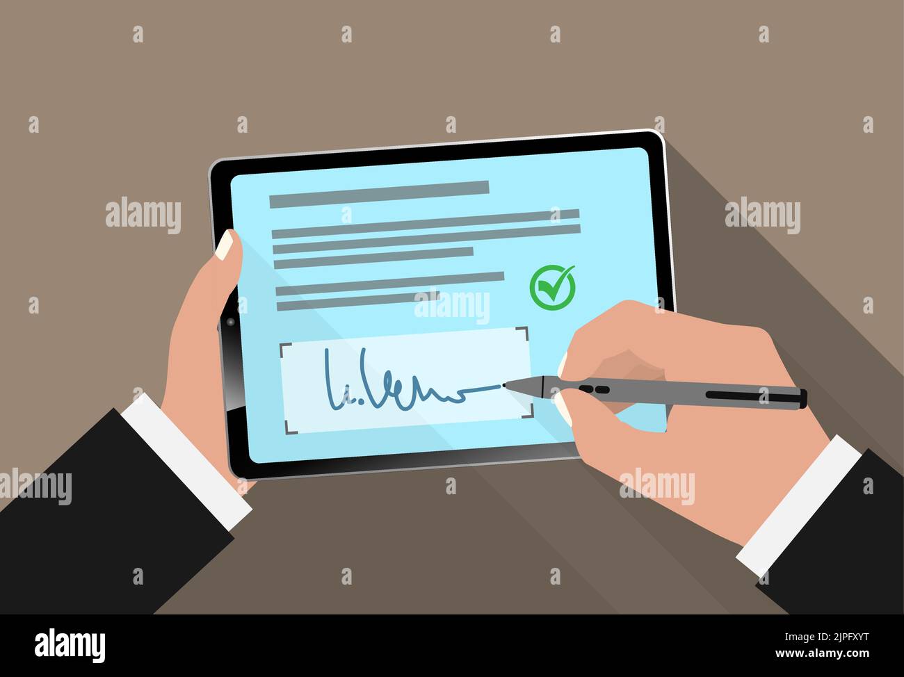 electronic signature with stylus on tablet computer touchscreen, vector illustration Stock Vector