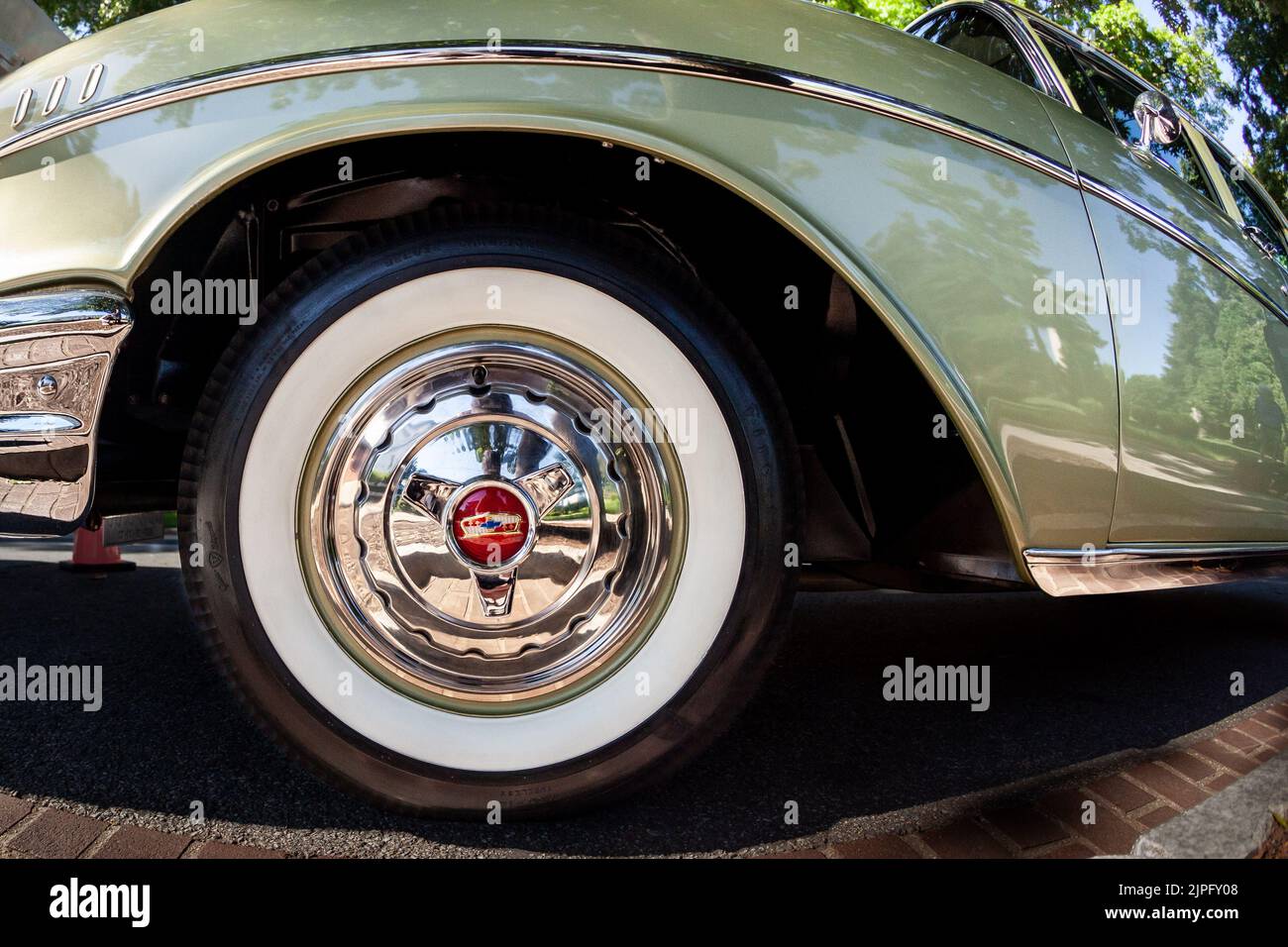 Washington, United States. 07th Aug, 2022. Whitewall tire on a 1957
