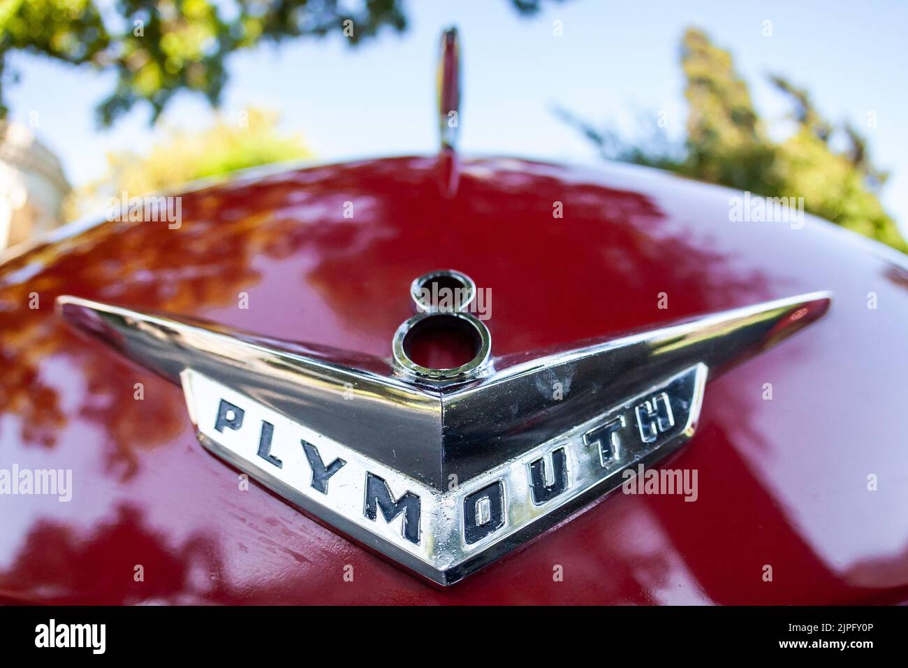 Washington, United States. 07th Aug, 2022. Closeup of the hood of a 1955 Plymouth Belvedere. It is one of more than 20 antique cars and trucks used in the movie, 'Rustin,' about civil rights activist Bayard Rustin. The movie is produced by Barack and Michelle Obama's production company, Higher Ground Productions,' and will debut on Netflix in 2023. (Photo by Allison Bailey/SOPA Images/Sipa USA) Credit: Sipa USA/Alamy Live News Stock Photo