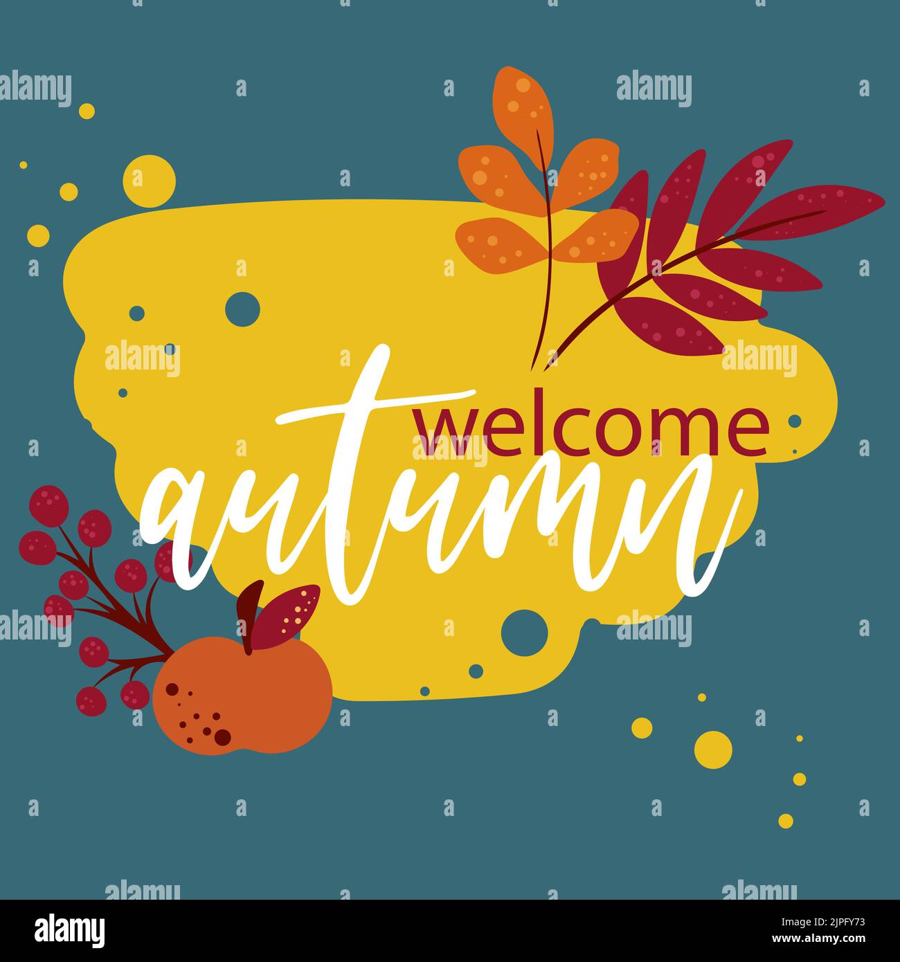 Welcome autumn lettering with apple, foliage and berries card Stock ...