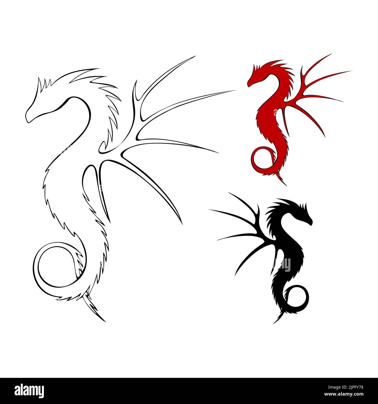 Dragon contour and silhouette dark black and red, hand drawn set art. Vector illustration Stock Vector