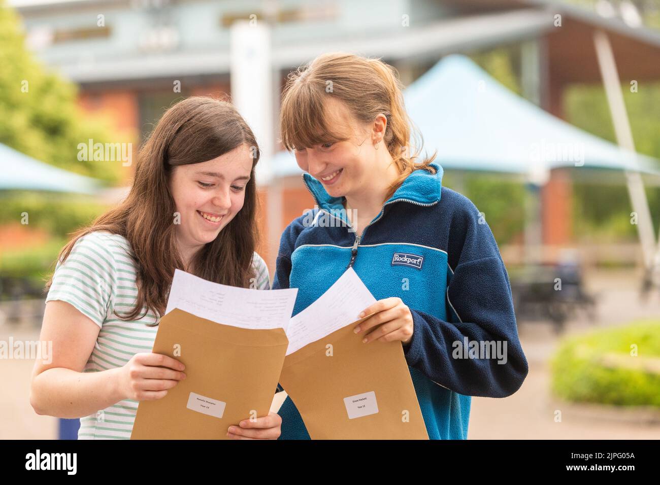 Bewdley, Worcestershire, UK. 18th Aug, 2022. Natalie Sharples and Grace Hackett of The Bewdley School, Worcestershire are pleased with their A Level results. Grace is going on to Oxford University to read Classical Archeology, and Natalie is going to York to read Chemistry. Credit: Peter Lopeman/Alamy Live News Stock Photo