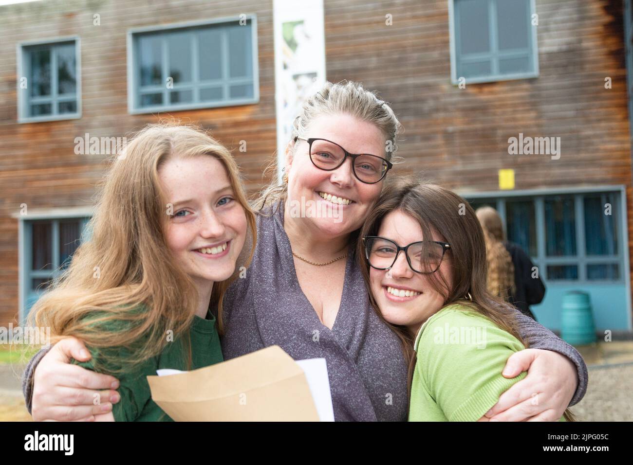 Bewdley, Worcestershire, UK. 18th Aug, 2022. Star and Storm Powell with mum as they receive their A Level results of The Bewdley School, Worcestershire. Credit: Peter Lopeman/Alamy Live News Stock Photo