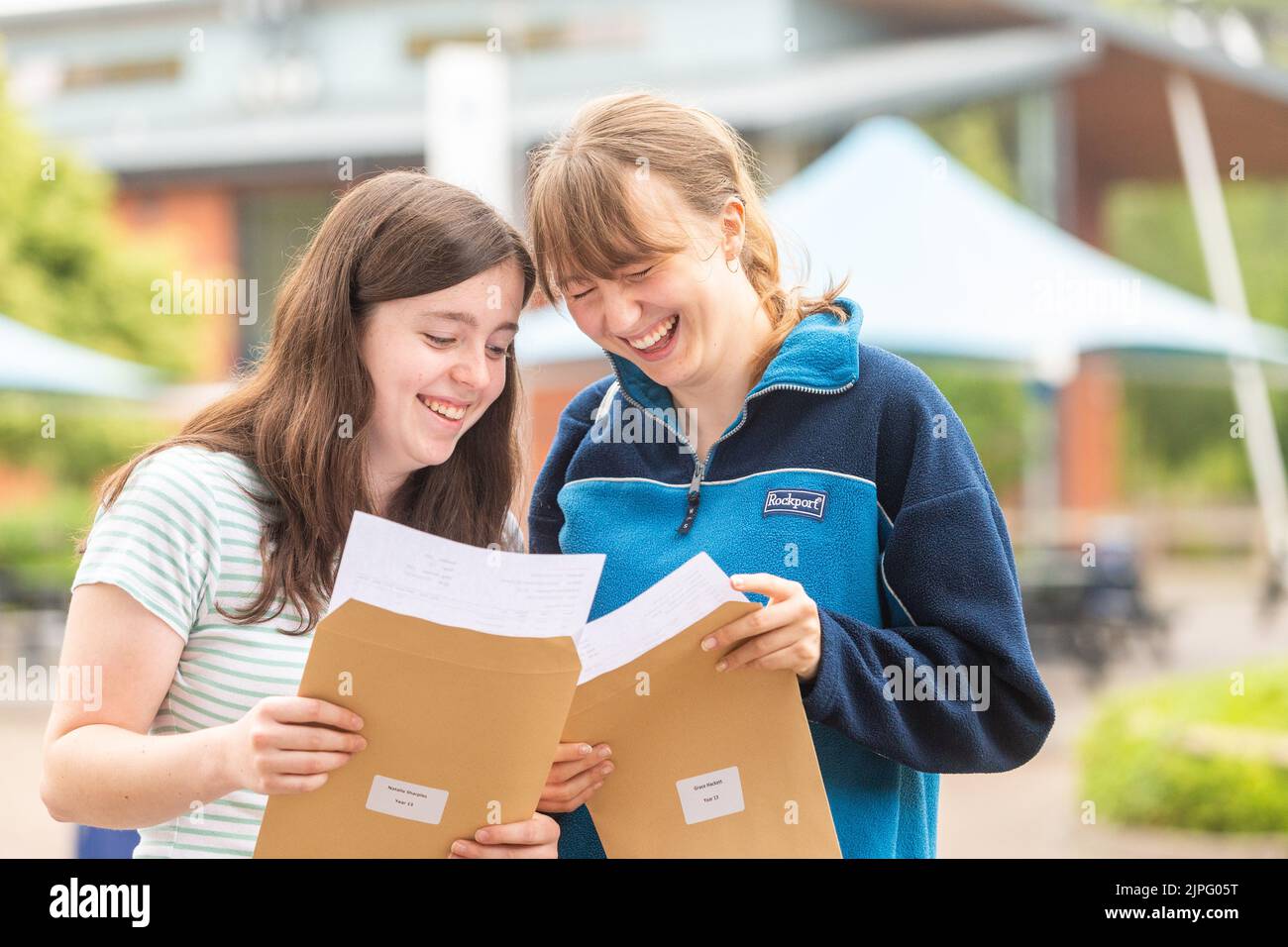 Bewdley, Worcestershire, UK. 18th Aug, 2022. Natalie Sharples and Grace Hackett of The Bewdley School, Worcestershire are pleased with their A Level results. Grace is going on to Oxford University to read Classical Archeology, and Natalie is going to York to read Chemistry. Credit: Peter Lopeman/Alamy Live News Stock Photo