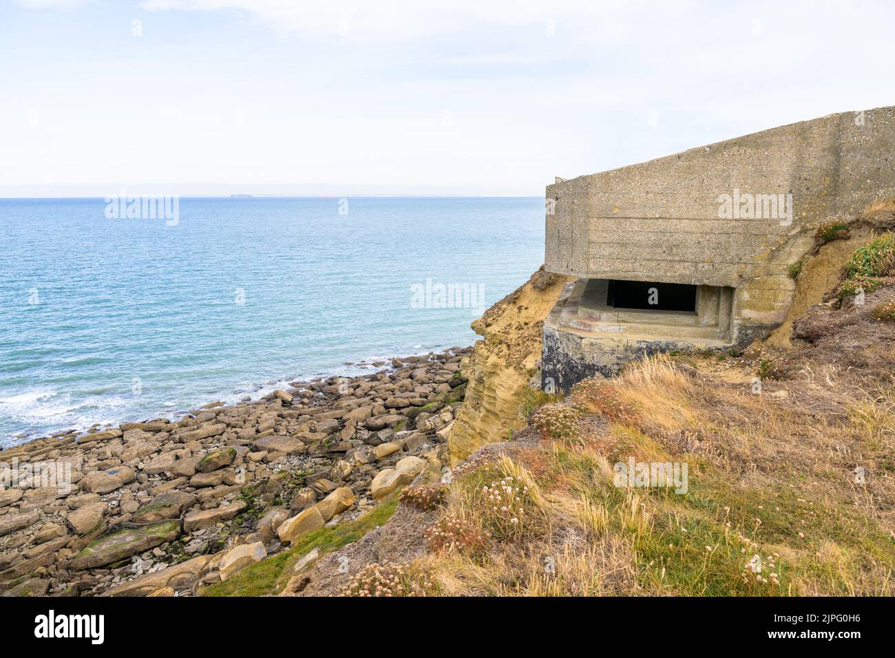 Bunker built by Germany during World War II near Cap Gris Nez on a calm cloudy day in summer Stock Photo