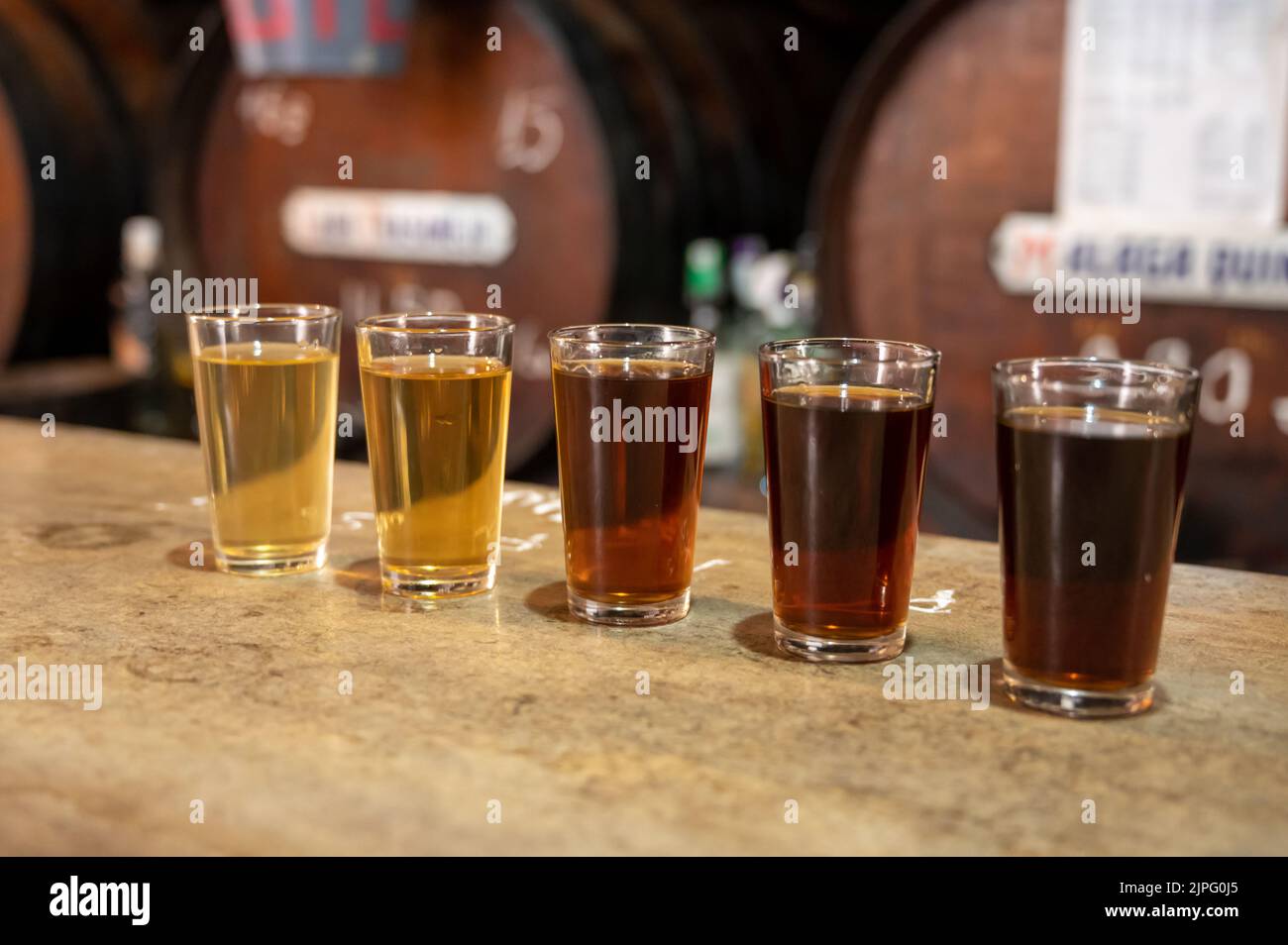 Tasting of different sweet wines from wooden barrels on old bodega wine
