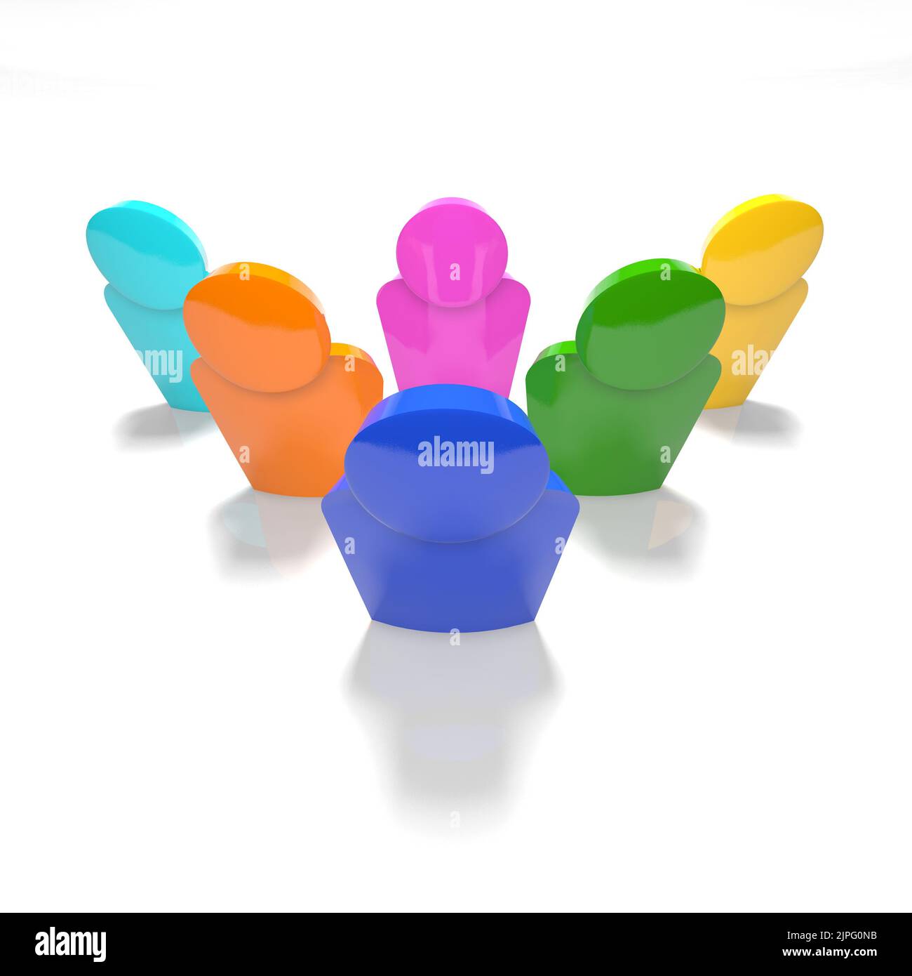 A group of 6 people in various colors, bird view - 3D rendered Stock Photo