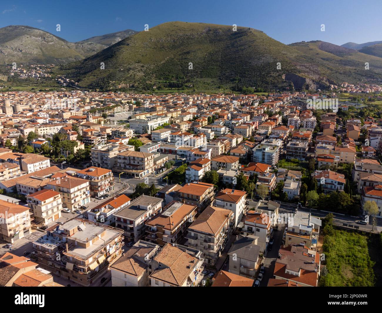 Aerial view on roofs, houses and streets of Fondi, town in agricultural