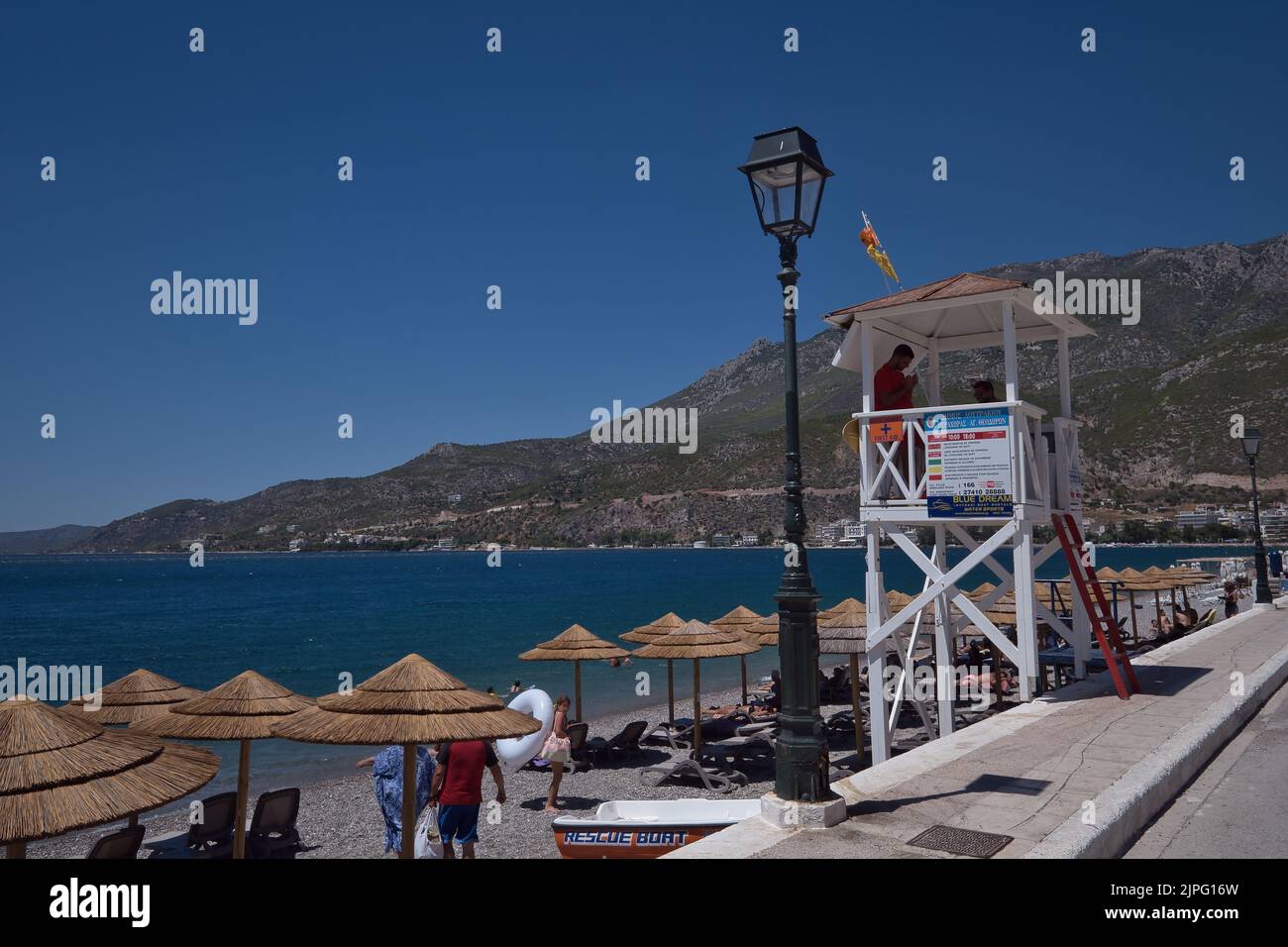 Life Guards in tower along the seafront in Loutraki Greece in summer Stock Photo