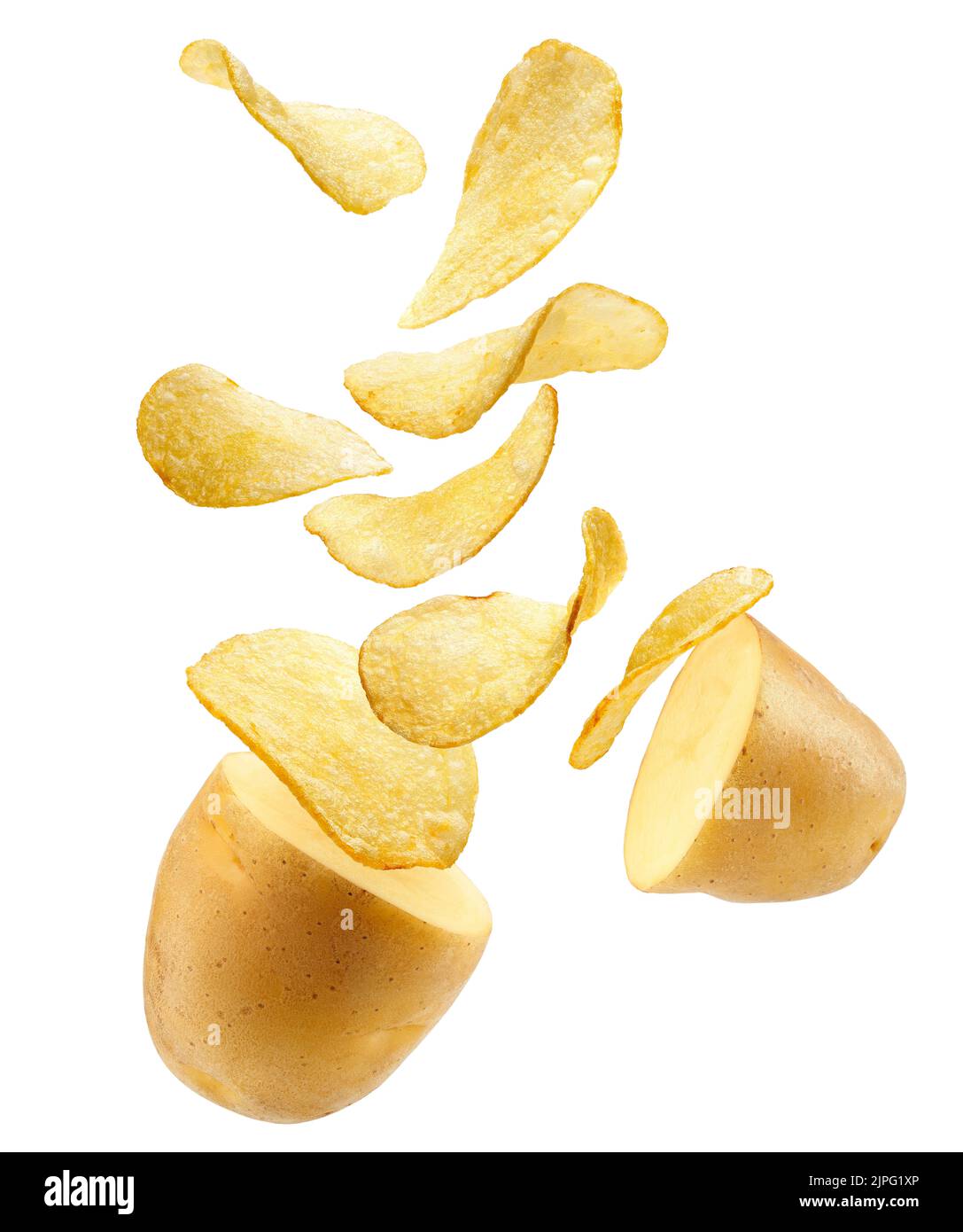 Potato and cripsy potato chips isolated on white background Stock Photo