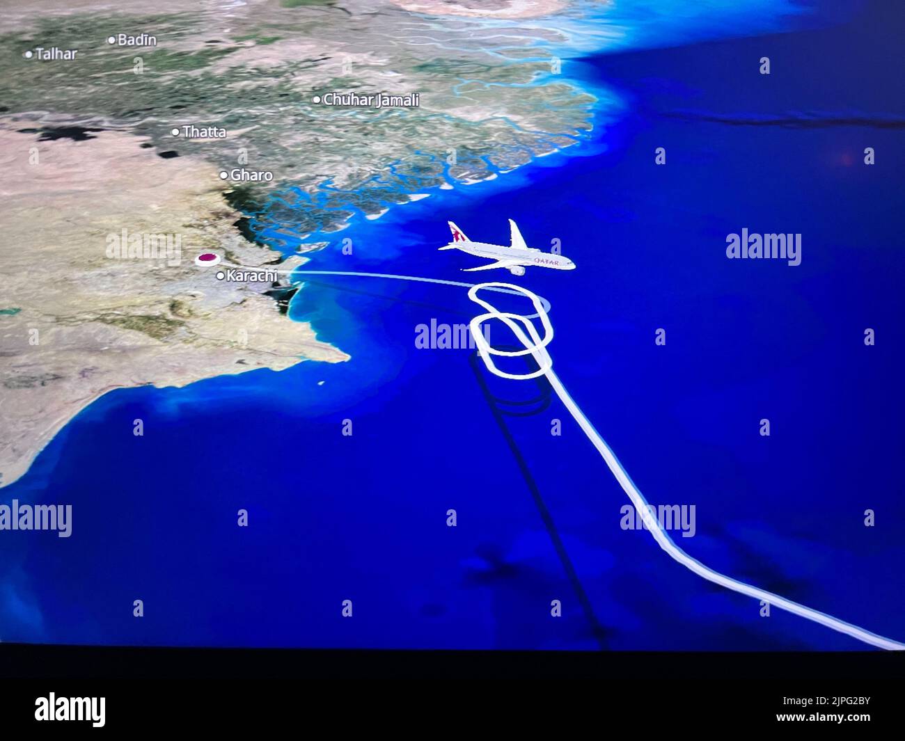 Flight Map inroute to Karachi from Doha. Flight screen view Stock Photo