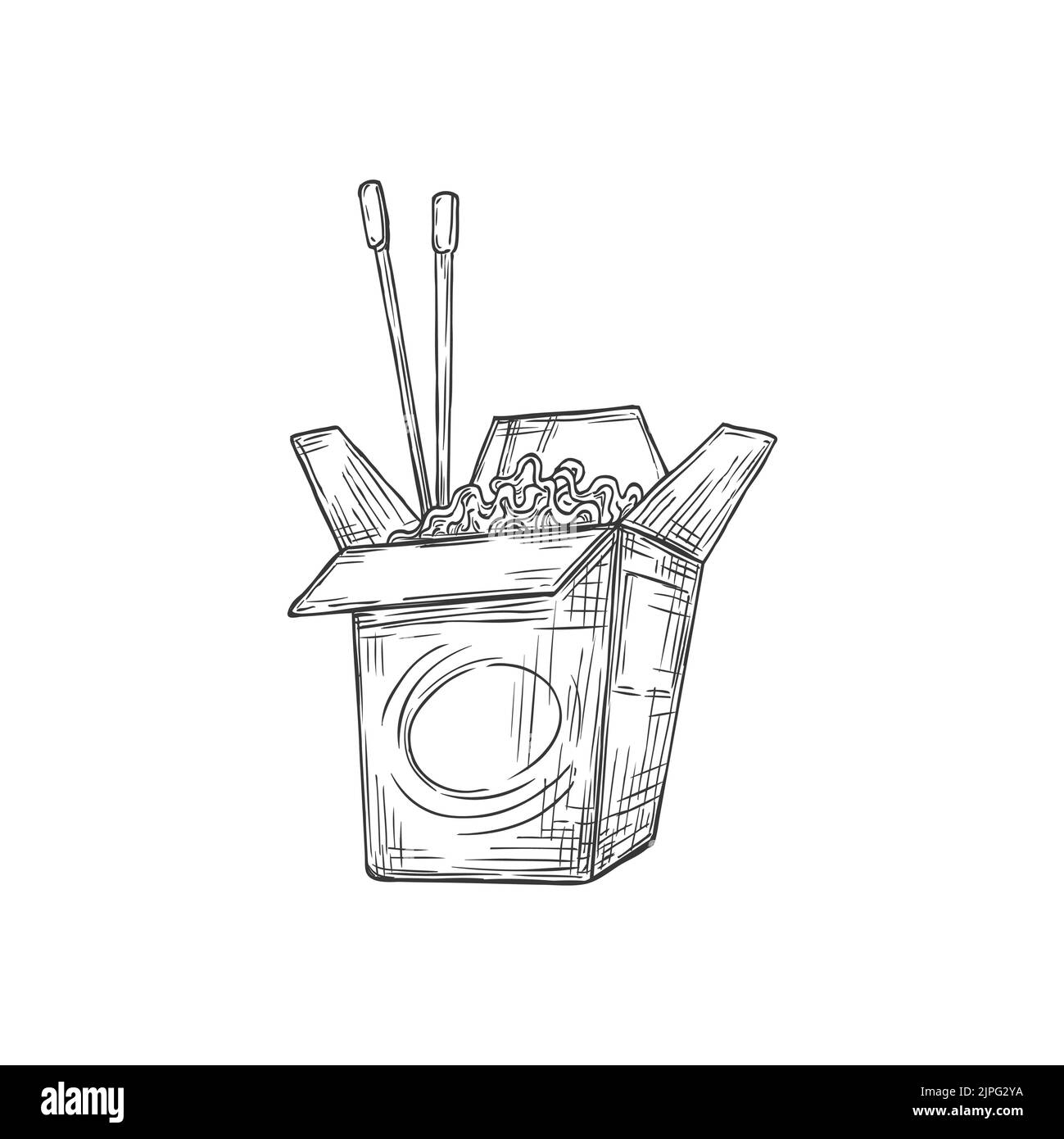 Chinese noodles, chopsticks in box isolated monochrome icon. Vector open takeout box with street food, takeaway fast food snack sketch. Udon stir fry noodles with chicken and pair of chopsticks Stock Vector