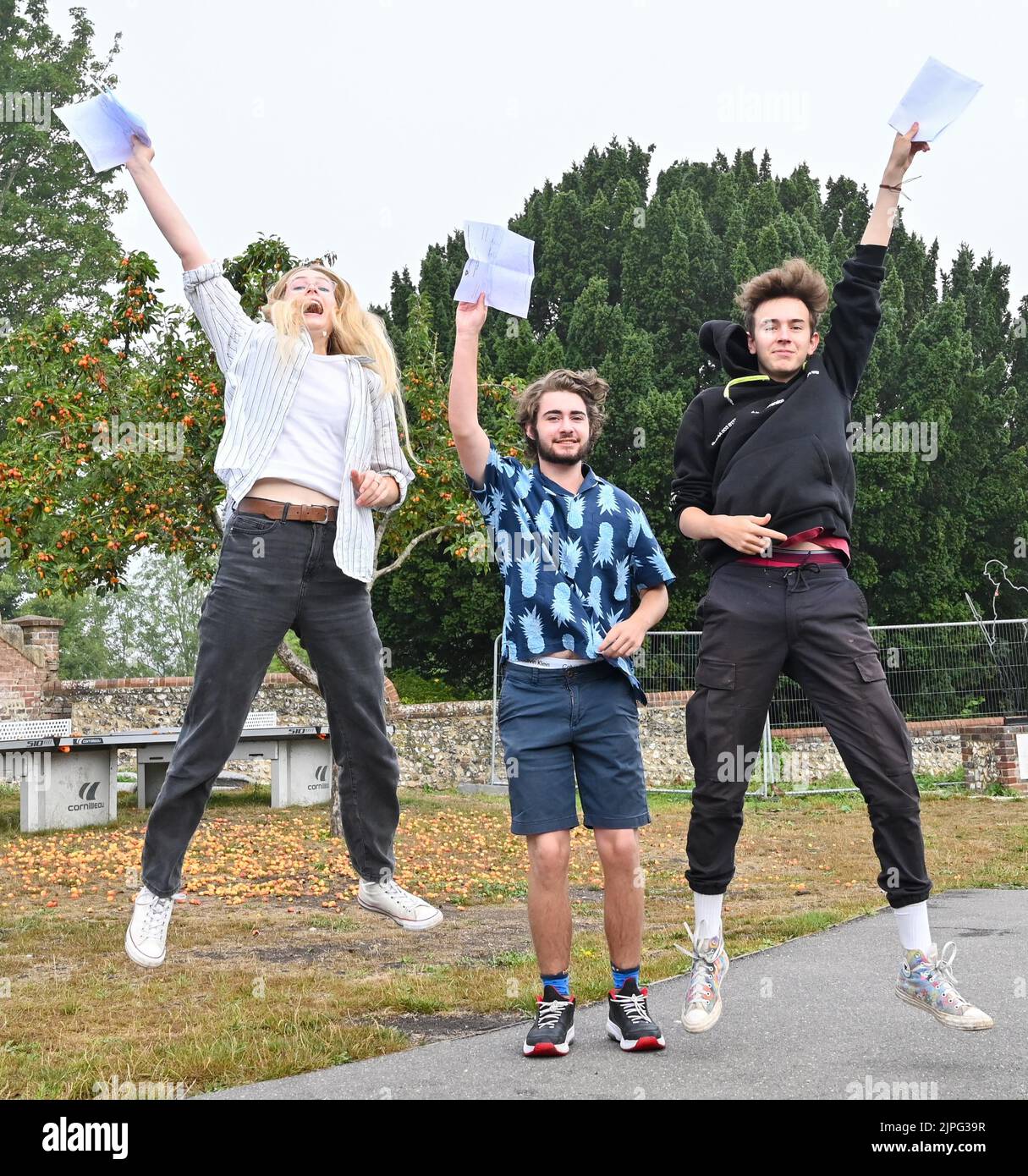 Lewes UK18th August 2020 - Students leap for joy as they are delighted after receiving their  A Level Results from Lewes Old Grammar School in East Sussex today . Belle will be going to Cambridge University  : Credit Simon Dack / Vervate / Alamy Live News Stock Photo