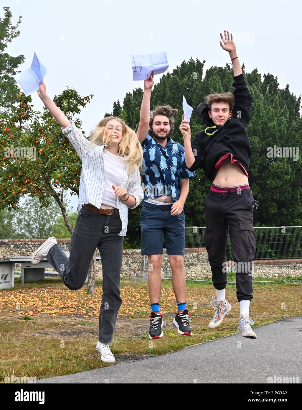 Lewes UK 18th August 2020 - Students leap for joy as they are delighted after receiving their  A Level Results from Lewes Old Grammar School in East Sussex today . Belle will be going to Cambridge University  : Credit Simon Dack / Vervate / Alamy Live News Stock Photo