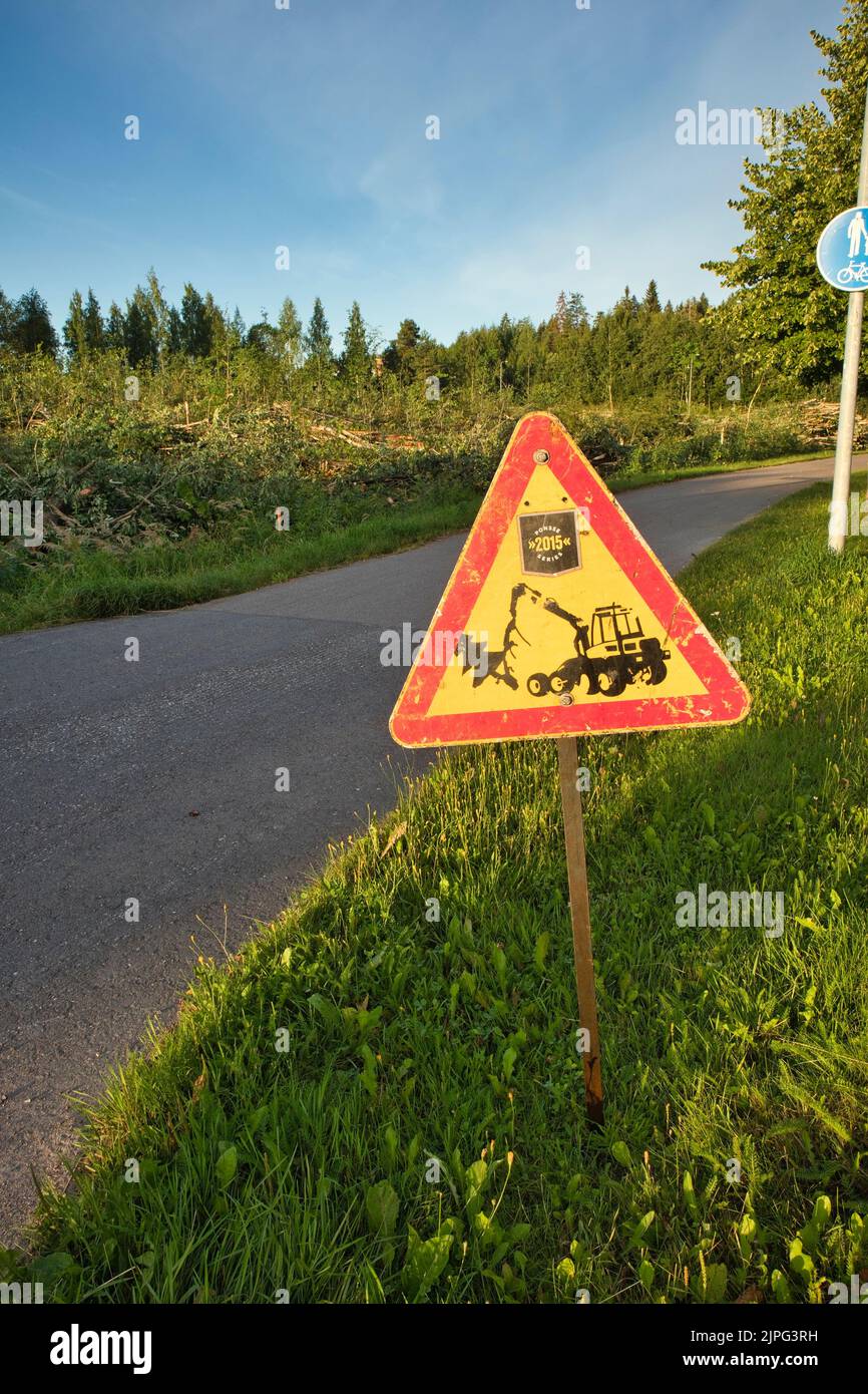 Tree cutting safety sign, Finland Stock Photo