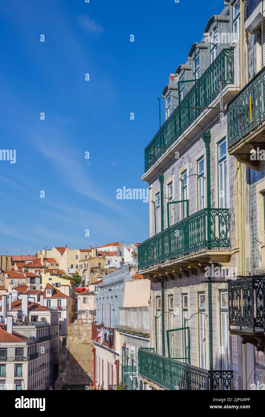 Traditional Portuguese house with balconies and tiles in Lisbon, Portugal Stock Photo