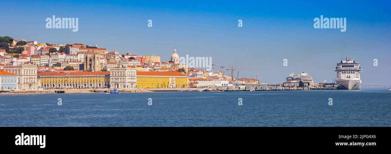 Panorama of a cruise ship in the historic city center of Lisbon, Portugal Stock Photo