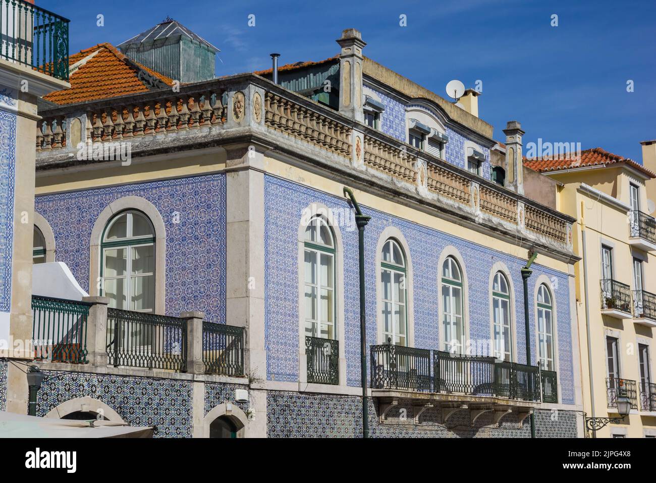 Traditional blue azulejo on a historic house in Lisbon, Portugal Stock Photo