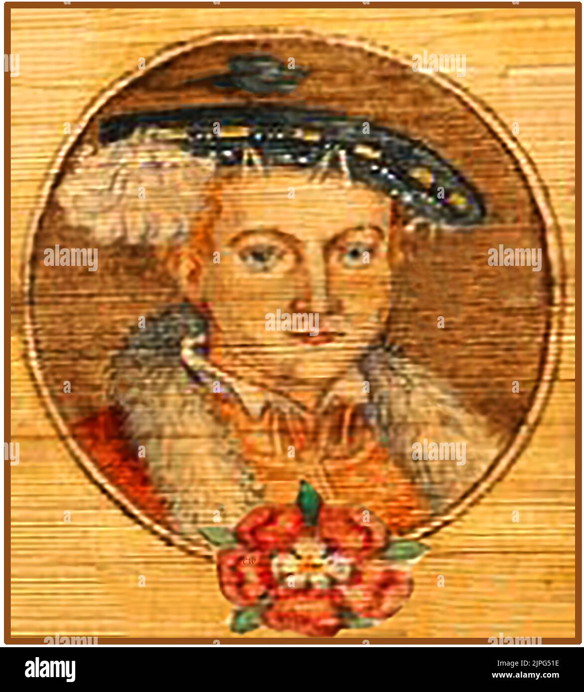 Am old  coloured portrait of King Edward VI of England   (1537 –  1553)  who was only 9 years old when crowned. He  was the son of Henry VIII and Jane Seymour and the first English monarch to be raised in the  Protestant faith. On his death, Lady Jane Grey was proclaimed Queen but she was executed for treason after only  9 days on the throne in what was seen by many to be a political execution. He died aged 15  and named Lady Jane Grey as his successor . Stock Photo