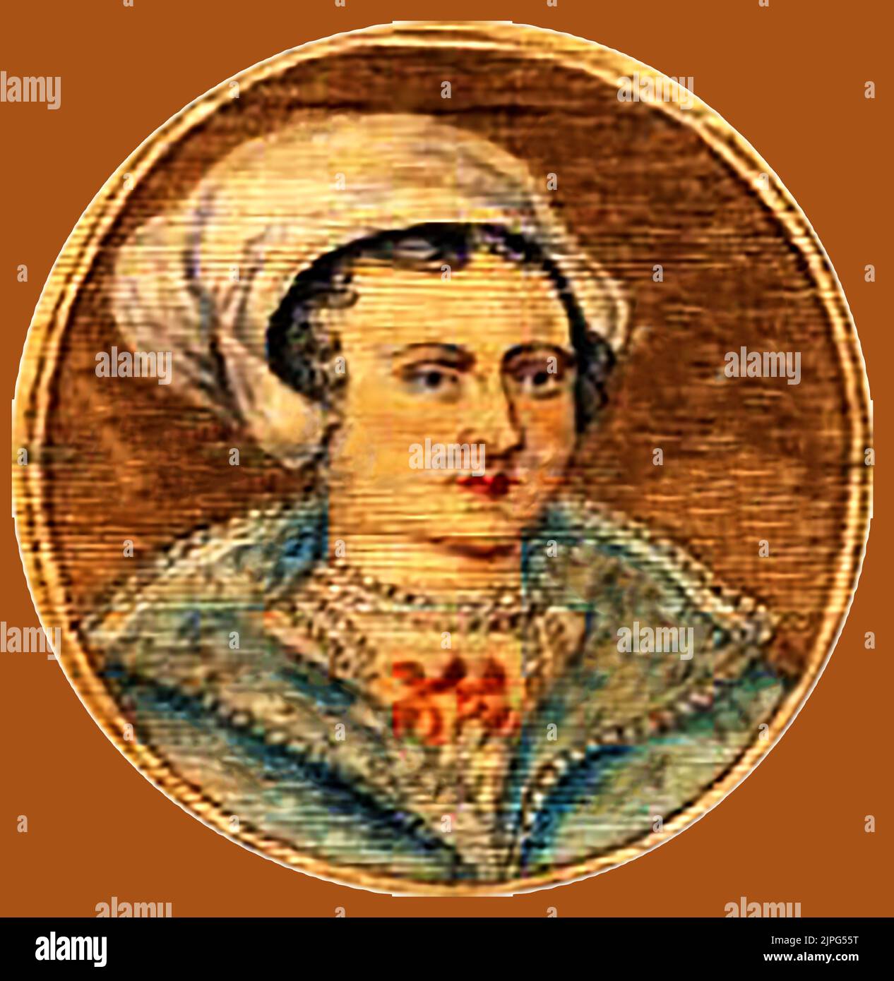An old coloured portrait of Lady Jane Grey (Queen Jane)   1537 – 12  1554, Queen of England and Ireland. also known after marriage  as Lady Jane Dudley and the Nine Day Queen. She was considered a threat to the British Crown because of her father's opposition to Wyatt's rebellion against Queen Mary's intended marriage to Philip II of Spain. Jane and her husband  Lord Guilford Dudley were executed after only 9 days as Queen on 12 February 1554 on what is believed by many to have been a purely political 'jumped up' charge. No headstone was placed on their graves. Stock Photo