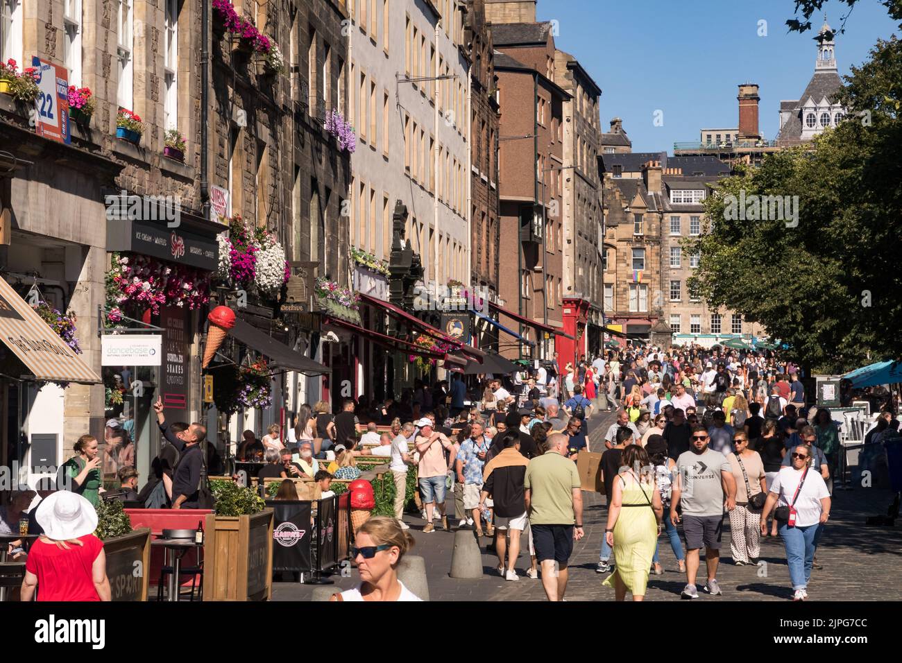 A view of the Grassmarket area of Edinburgh during the summer on a sunny day Stock Photo