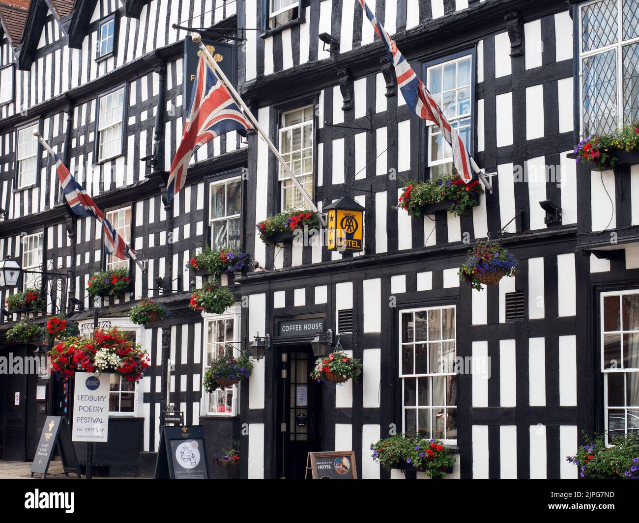 The Feathers Hotel timber framed building on the High Street at Ledbury Herefordshire England Stock Photo