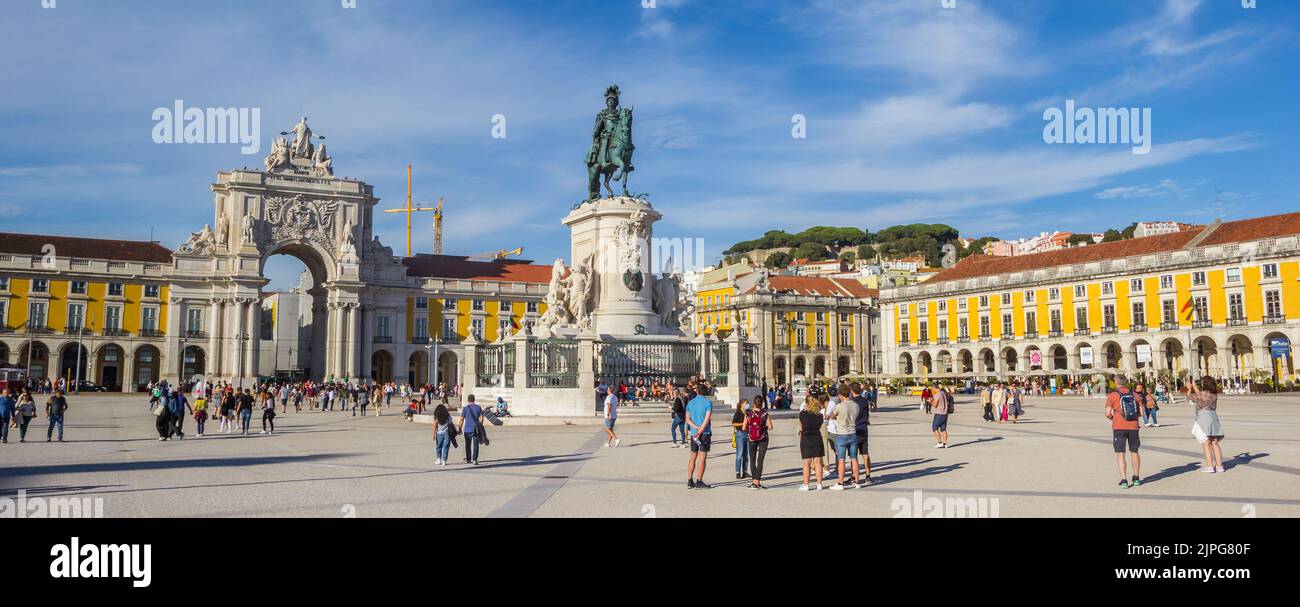 Panorama of the monument and arch on the Praca do Comercio square in Lisbon, Portugal Stock Photo