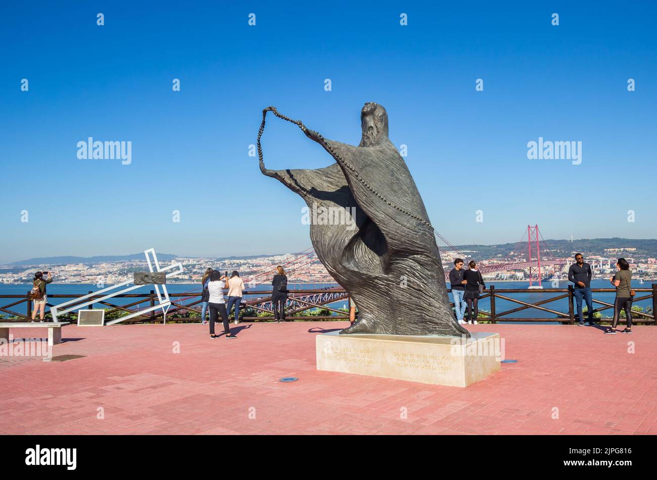 Maria statue at the viewing platform over the Tejo river in Lisbon, Portugal Stock Photo